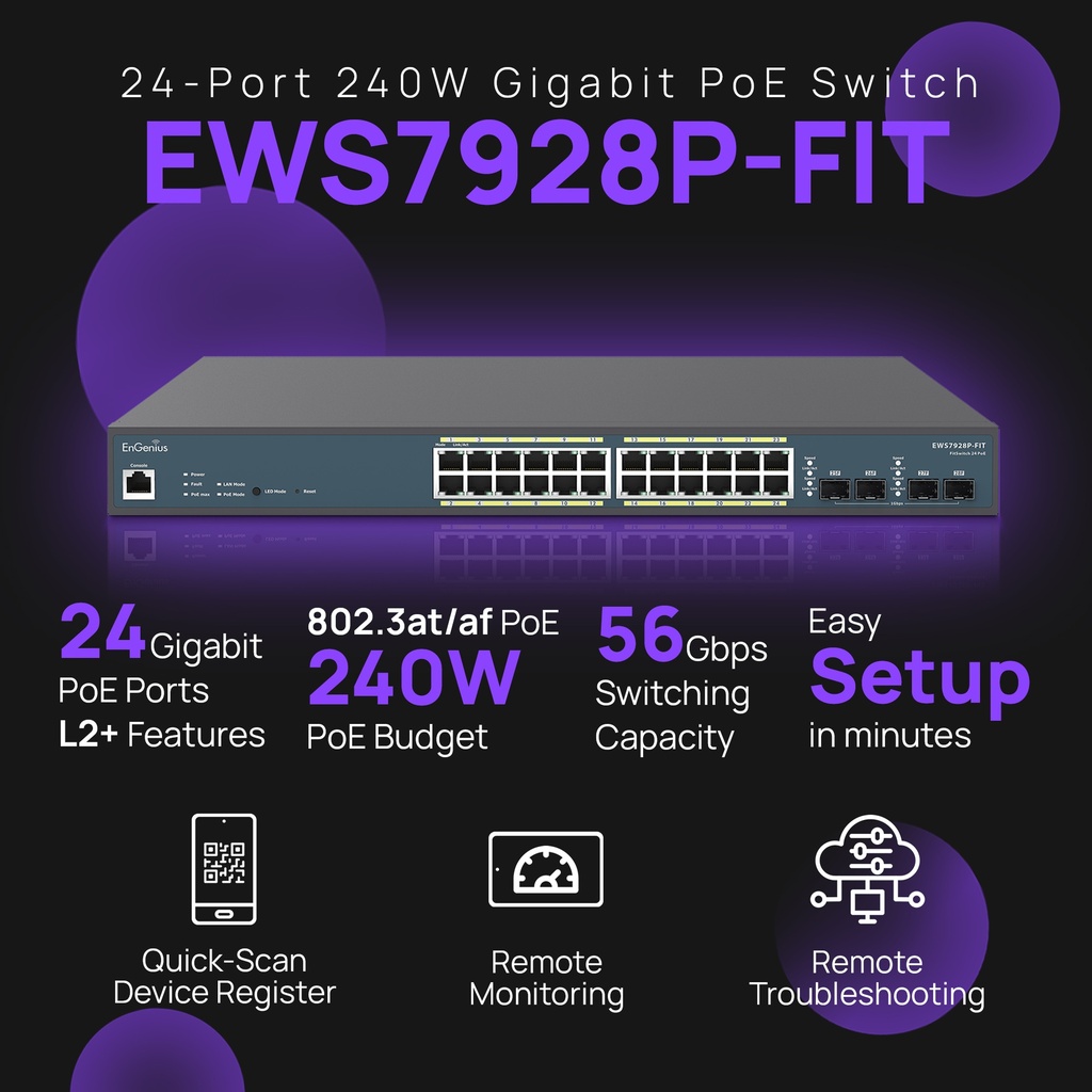 EnGenius Fit 24-Port Power over Ethernet Switch 240W Gigabit PoE+EWS7928P-FIT