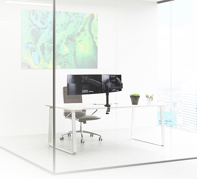 B TECH Full Motion Twin Screen Desk Mount BT7384 Dual Articulated Arms
